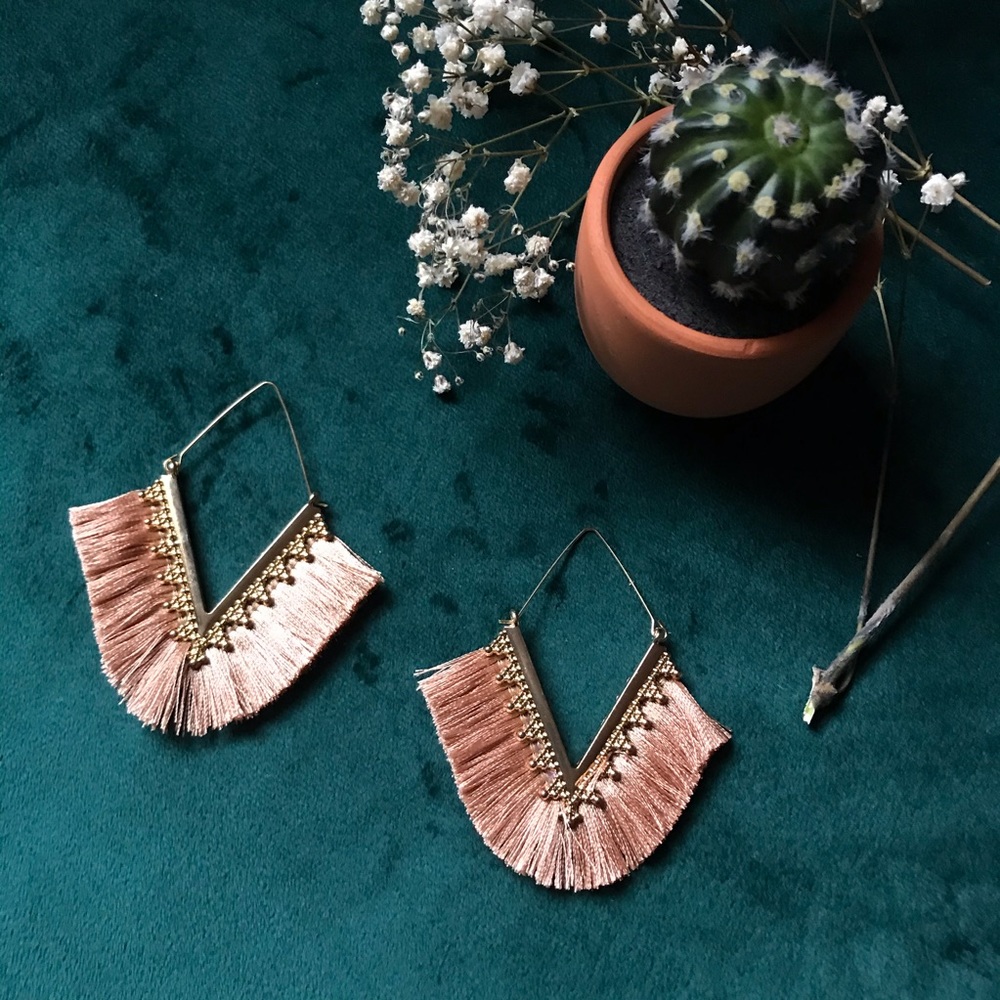SOLD - Safari Khaki V Shape Fringe Earrings